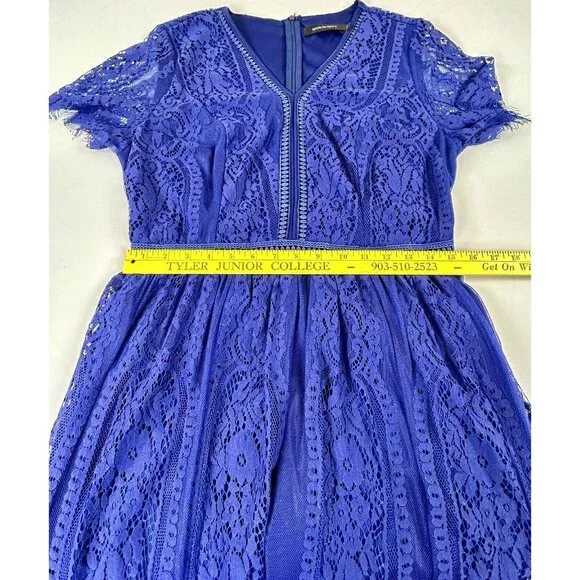 Merokeety Maxi Dress Lace Overlay Indigo Blue Boho Crochet Fringe Knit V Neck L - Picture 16 of 16